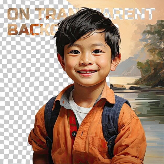PSD a compassionate preschooler boy with short hair from the southeast asian ethnicity dressed in fishing by the lake attire poses in a tilted head with a grin style against a pastel tangerine b