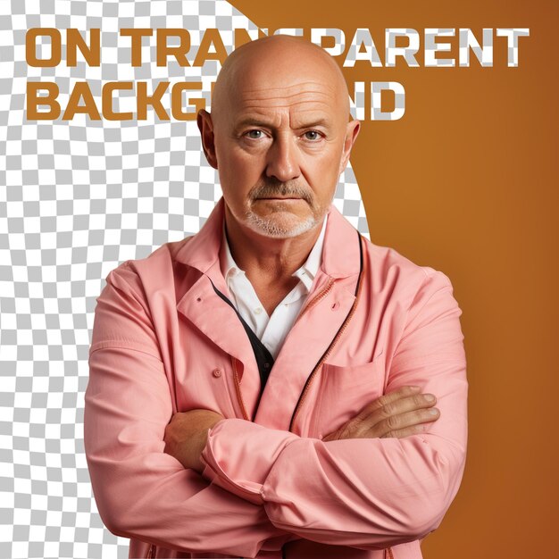PSD a compassionate senior man with bald hair from the nordic ethnicity dressed in meteorologist attire poses in a crossed arms confidence style against a pastel coral background
