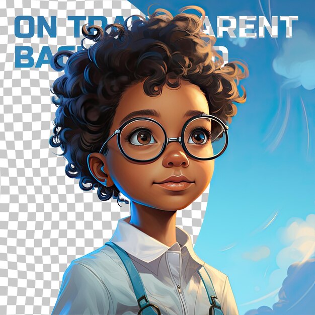 PSD a compassionate toddle girl with short hair from the african ethnicity dressed in dentist attire poses in a eyes looking over glasses style against a pastel sky blue background