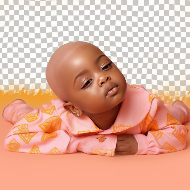 PSD a compassionate toddler woman with bald hair from the african ethnicity dressed in mason attire poses in a lying down with head propped up style against a pastel tangerine background