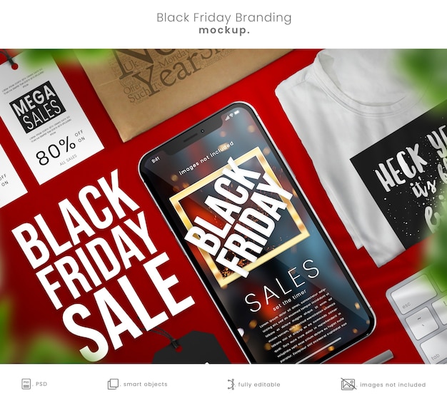 Complete black friday branding mockup with smart phone and tshirt