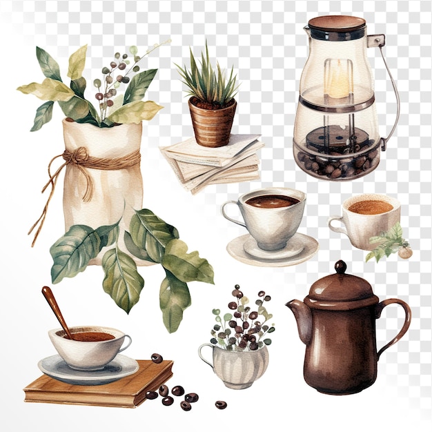 Composizione di caffè casa cose oggetti acquerello su sfondo bianco