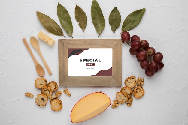 Composition of delicious types of food with frame mock-up