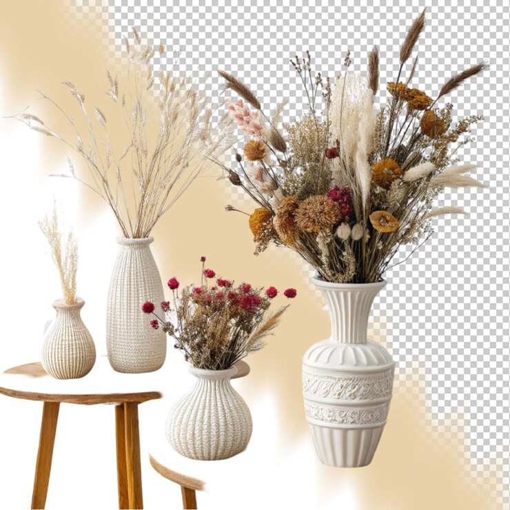 PSD composition of dried flowers in a stylish vase in the interior of the living room