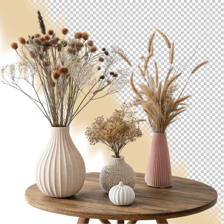 PSD composition of dried flowers in a stylish vase in the interior of the living room