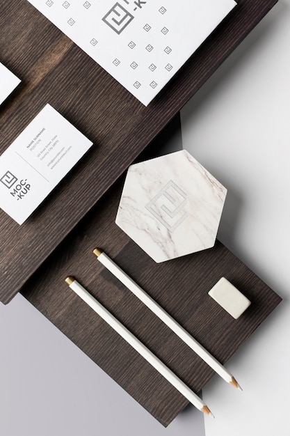 Composition of mock-up stationery on wood