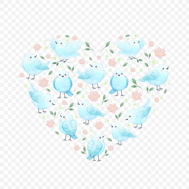 PSD ハートの形をした鳥の花と葉の構図 かわいい鳥の水彩イラスト