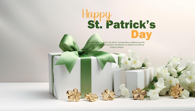 Composition for st patricks day gift white box with a green satin bow