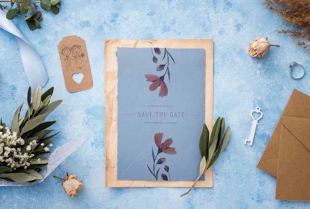 PSD composition of wedding elements with card mock-up