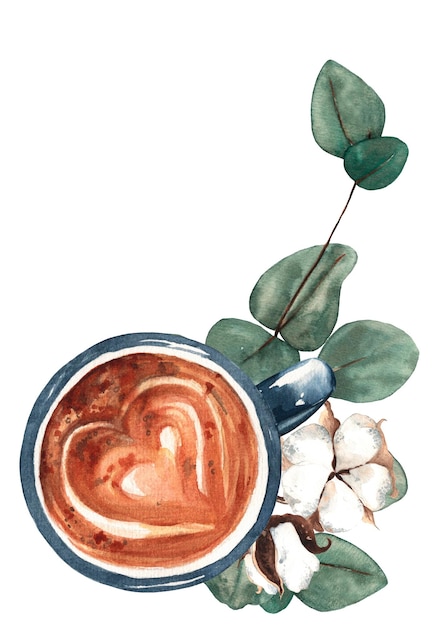 PSD composition with blue coffee mug cotton and eucalyptus hand painted with watercolors