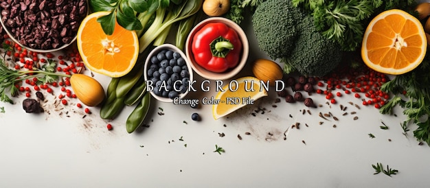 PSD composition with healthy food products on white background panoramic shot
