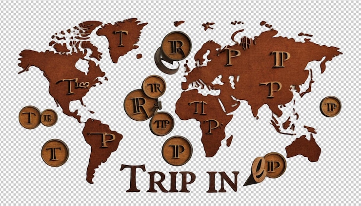 PSD composition with the word trip in wood letterpress characters over an antique world map png