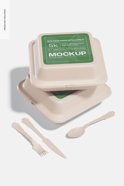 Compostable food boxes with label mockup, stacked