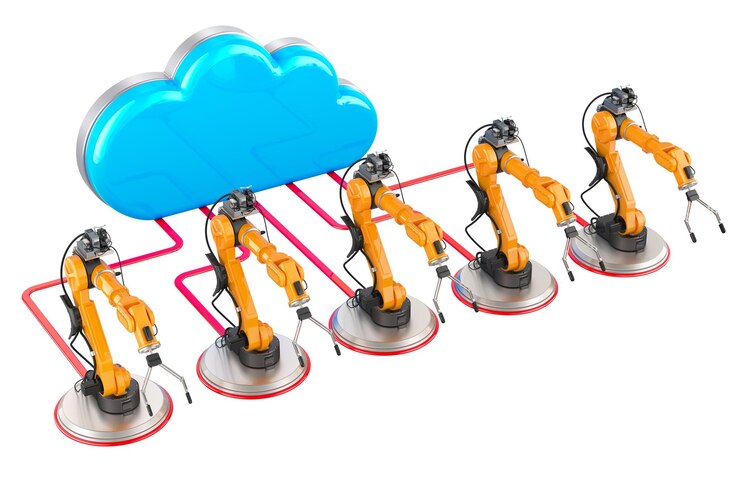 PSD computer cloud with robotic arms 3d rendering isolated on transparent background