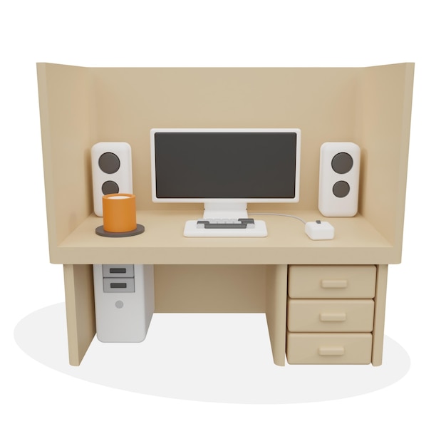 a computer desk with a monitor and a cup of coffee on it