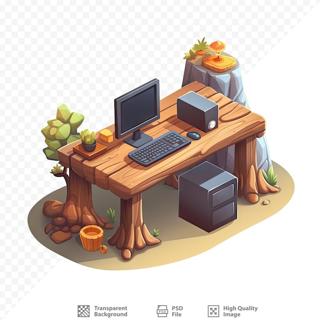 PSD scrivania del computer con un albero e un computer sul tavolo.