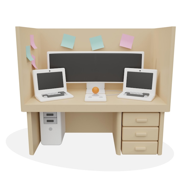 PSD a computer desk with two monitors and a notepad on it