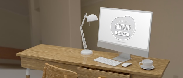 Computer device with mockup screen on wooden table with cup and lamp in home office 3D rendering