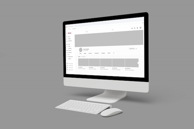 Mockup di dispositivi digitali per computer su display modificabile di youtube web
