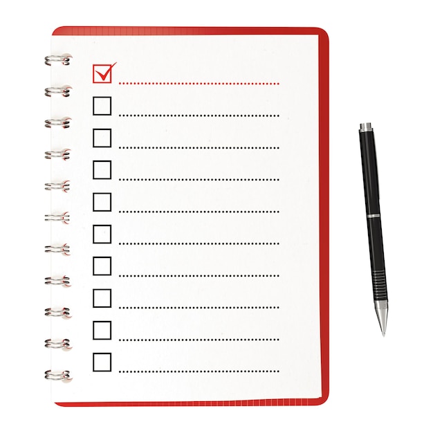 Computer generated image of notebook with checklist isolated on transparent background