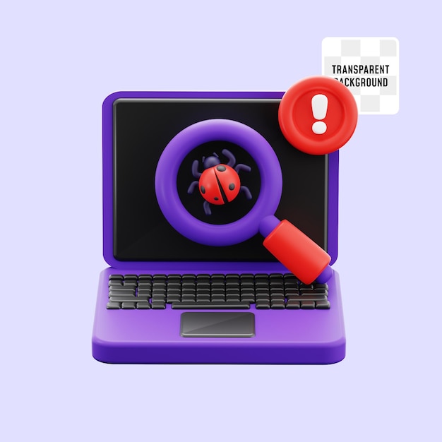 PSD computer laptop with bug magnifying glass for operating system virus scan detection cyber data security 3d icon illustration render design