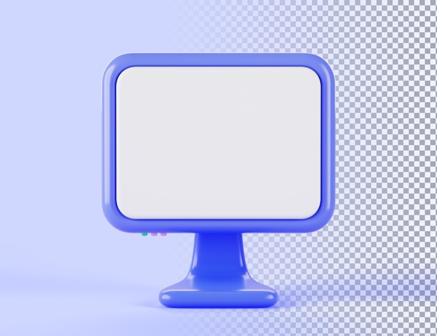 Computer met leeg wit scherm vooraanzicht 3d render Cartoon blauw monitorpictogram geïsoleerd op achtergrond Desktop pc-apparaat met leeg display voor webdesign mockup banner 3D illustratie