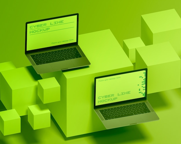 PSD computer mockup surrounded by lime green