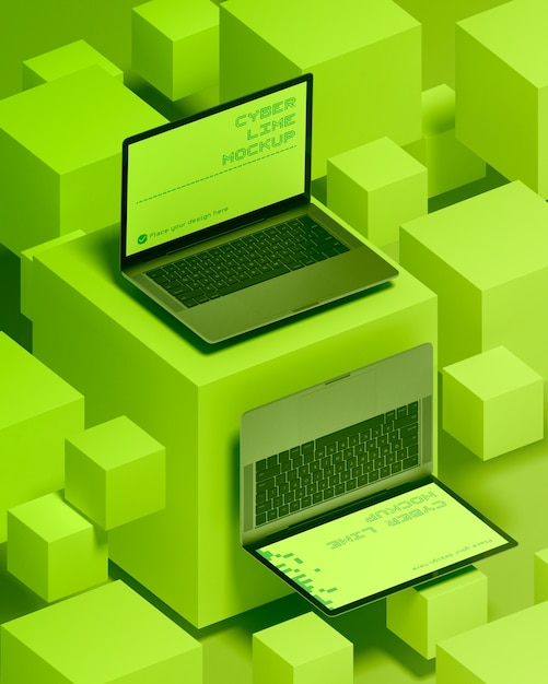 PSD computer mockup surrounded by lime green