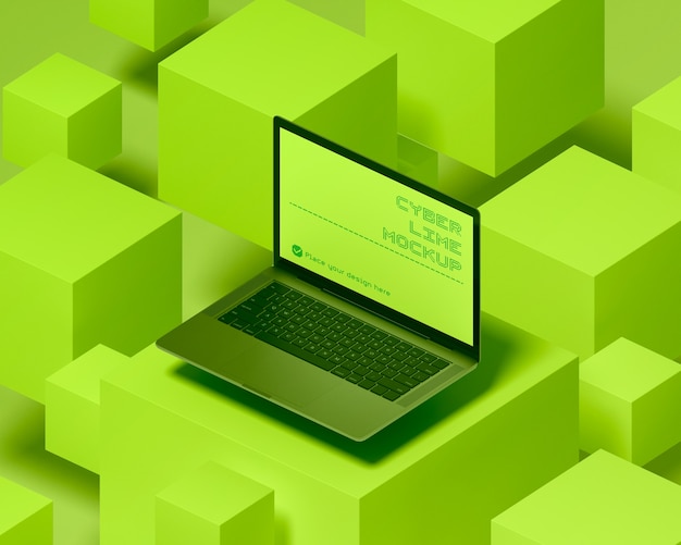 PSD computer mockup surrounded by lime green