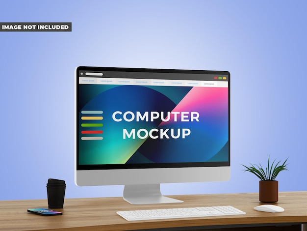 Computer mockup con tastiera e mouse - mezza vista laterale