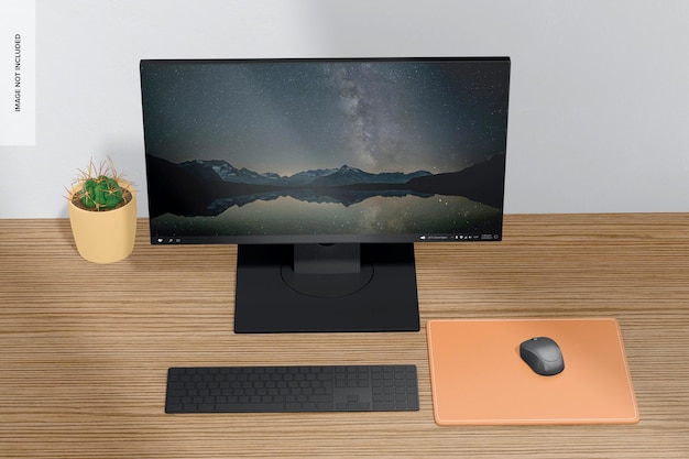Computer Monitor on Desk Mockup, Top View