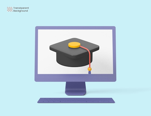 computer monitor display and graduation cap 3d render