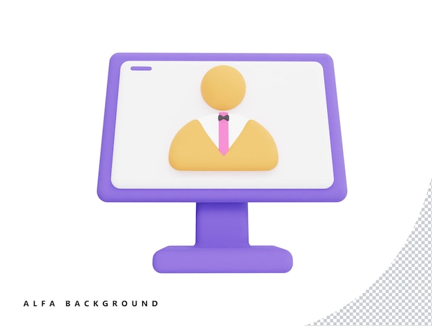 PSD computer monitor display and user with 3d vector icon cartoon minimal style