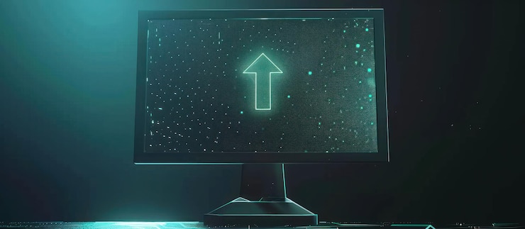 PSD a computer monitor with a glowing green arrow pointing upwards surrounded by digital code on the screen