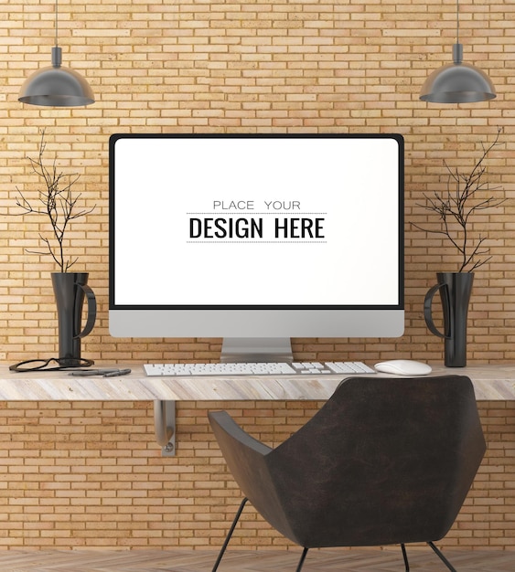 Computer op tafel in werkruimte psd mockup