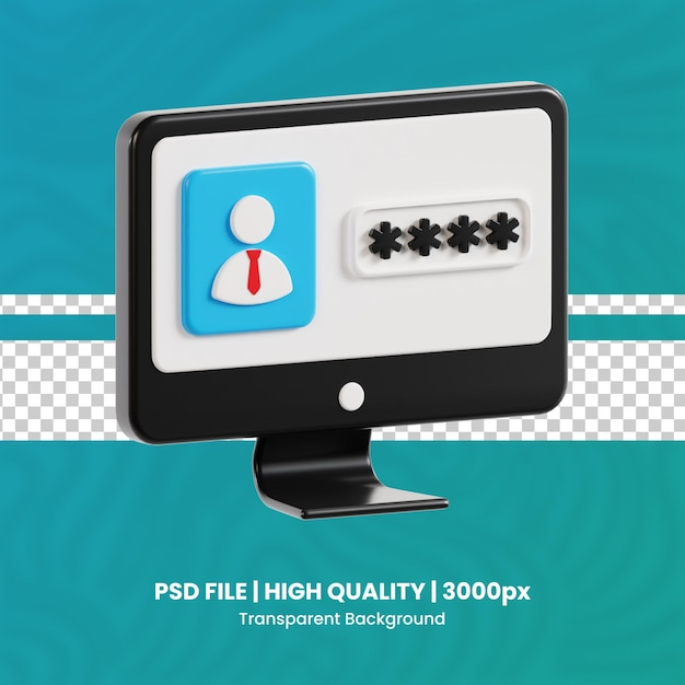 PSD computer password 3d high quality render protection and security transparent background