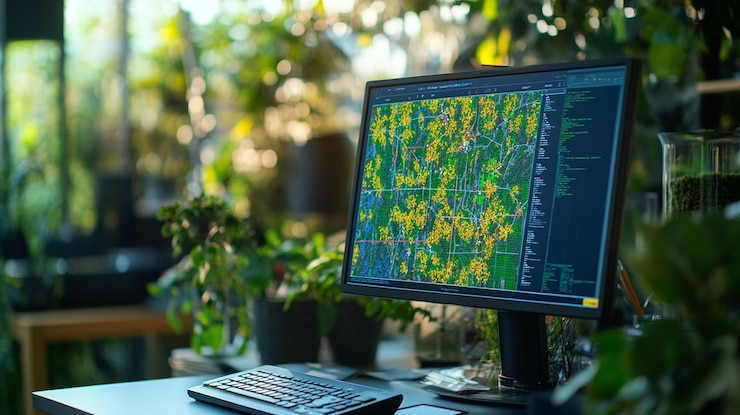 PSD computer screen displays precision agriculture data in a greenhouse setting