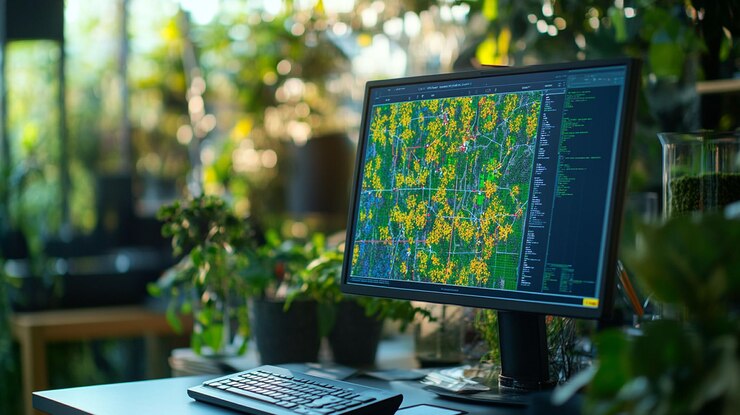 PSD computer screen displays precision agriculture data in a greenhouse setting