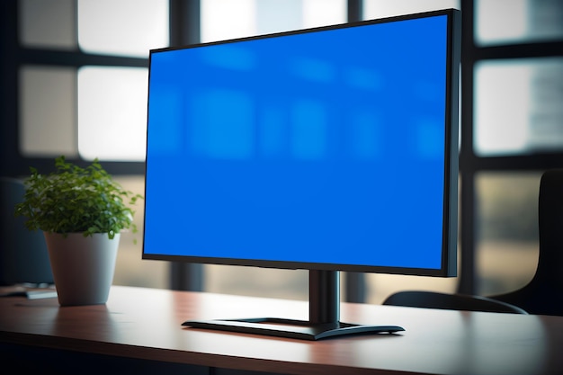 PSD schermata del computer sullo sfondo dell'ufficio o vista laterale del mock-up a led