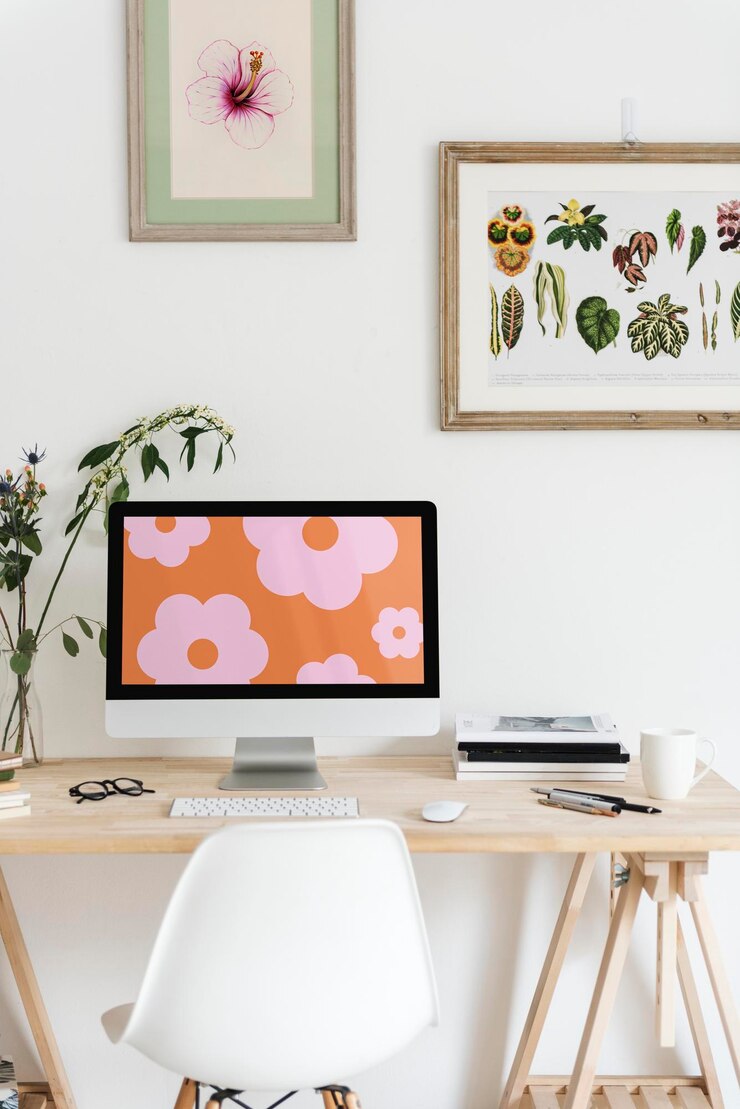 PSD computer screen mockup minimal desk setup psd