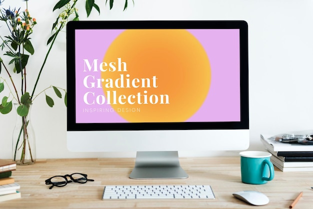 メッシュグラデーションデザインのコンピューター画面モックアップpsd