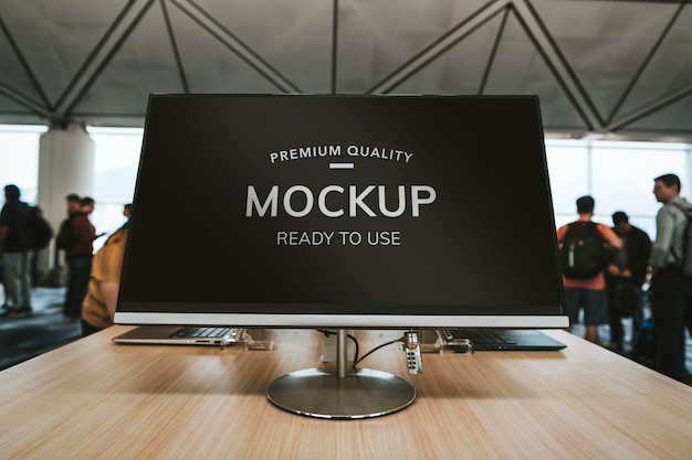 PSD computer screen mockup on a wooden table at the airport