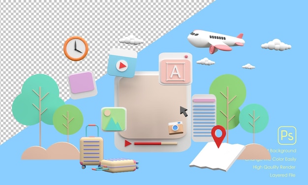 На экране компьютера отображаются значки о фотографиях путешествий и деревьях на заднем плане чемоданы и карты