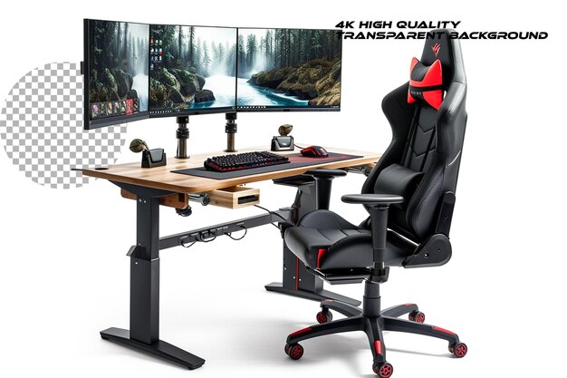 PSD computer setup with a gaming chair isolated on transparent background