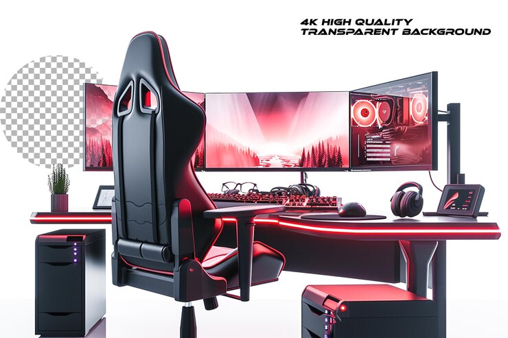 PSD computer setup with a gaming chair isolated on transparent background