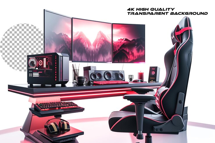 PSD computer setup with a gaming chair isolated on transparent background