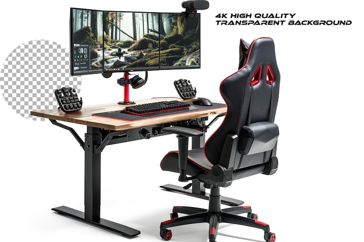 PSD computer setup with a gaming chair isolated on transparent background