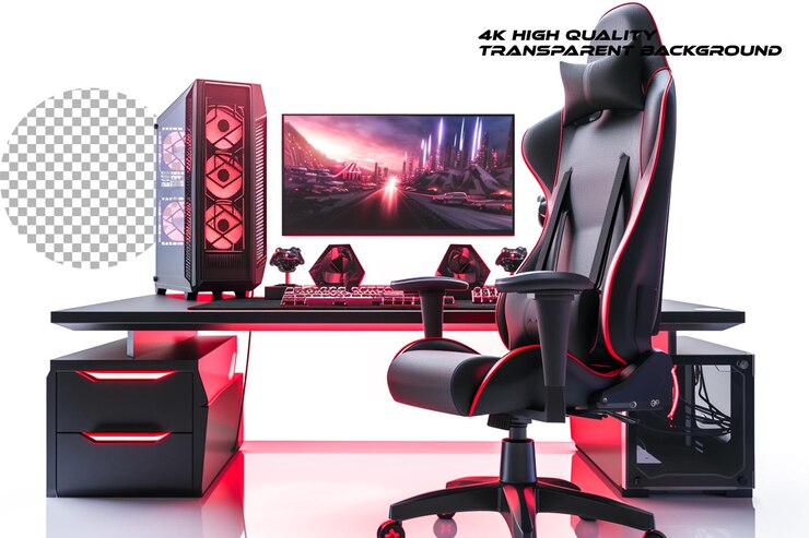 PSD computer setup with a gaming chair isolated on transparent background