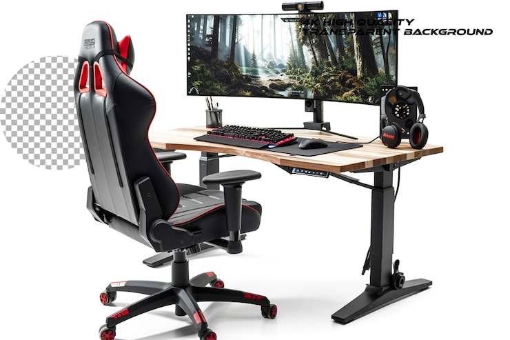 PSD computer setup with a gaming chair isolated on transparent background