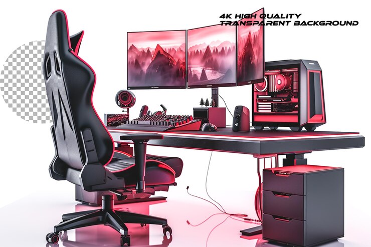 PSD computer setup with a gaming chair isolated on transparent background